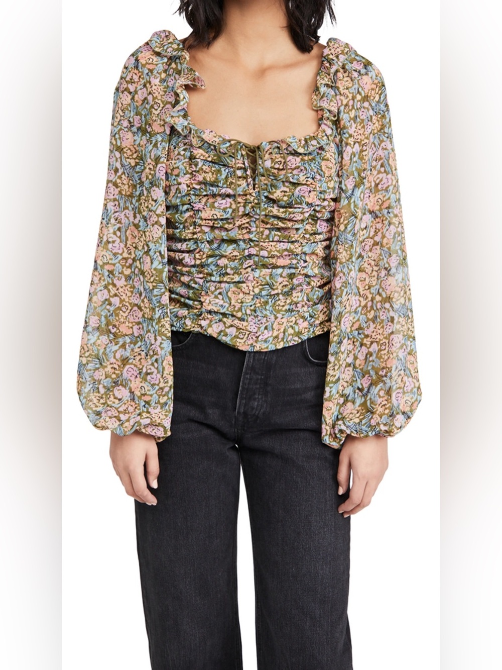 Free People Floral Smocked Peasant Top Green Multi XS